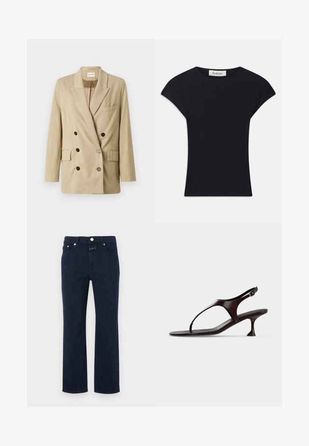 Beige linned blazer med dobbeltknap, spidse klapper, to frontlommer og sorte knapper. Har et minimalistisk design og tekstureret stof.; Sort kortærmet top lavet af blødt stof, med rund halsudskæring og en tætsiddende form med diskrete skulderdetaljer. Mærke synligt.; Marineblå bomuldsjeans med lige skæring, udstyret med fem lommer, lynlåsgylf og metalknaplukning. Glat tekstur med syningsdetaljer.; Mørkebrun laklædersandal med rem bagpå, lille hæl og tårem på hvid baggrund.