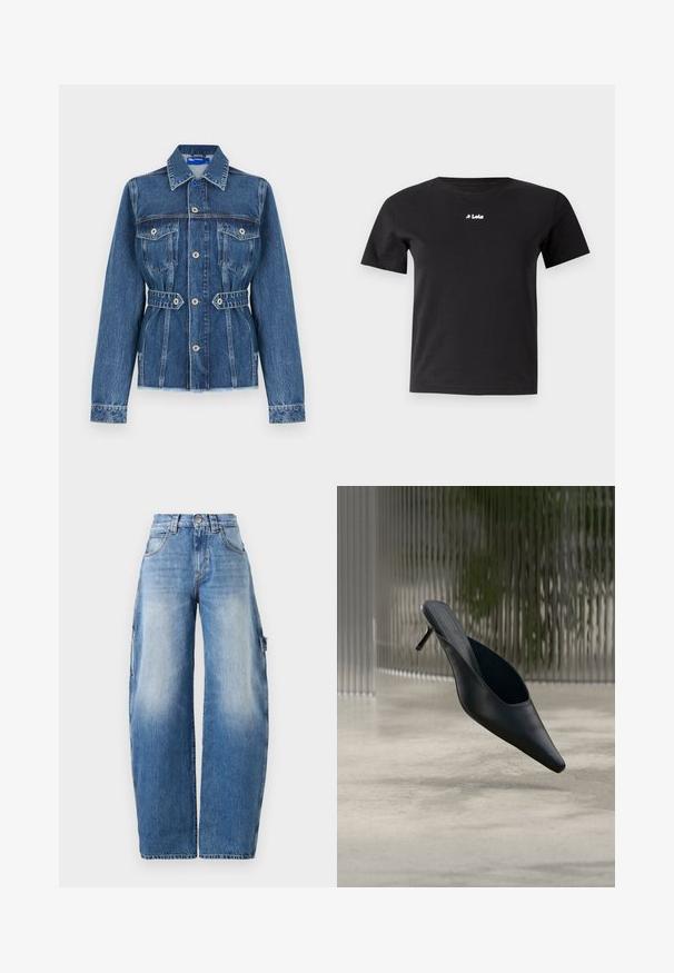 Sinine teksajakk ees nööpidega, kahe rinnatasku, vöökohal vööga ja veidi kulunud äärega allservas.; LOIS Jeans NEW EMMA CENTER - Lihtne T-särk - black; Heledad sinine lai jalad, valmistatud denimist. Omab kõrget vööd, kerget kulumist, suuri küljetaskuid ja kontrastseid õmbluste detaile.; Mustad terava ninaga mule-tüüpi kinga õhukese kõrge kontsaga, mis hõljub sileda betoonpinna kohal, udune vertikaalsete triipudega taust.