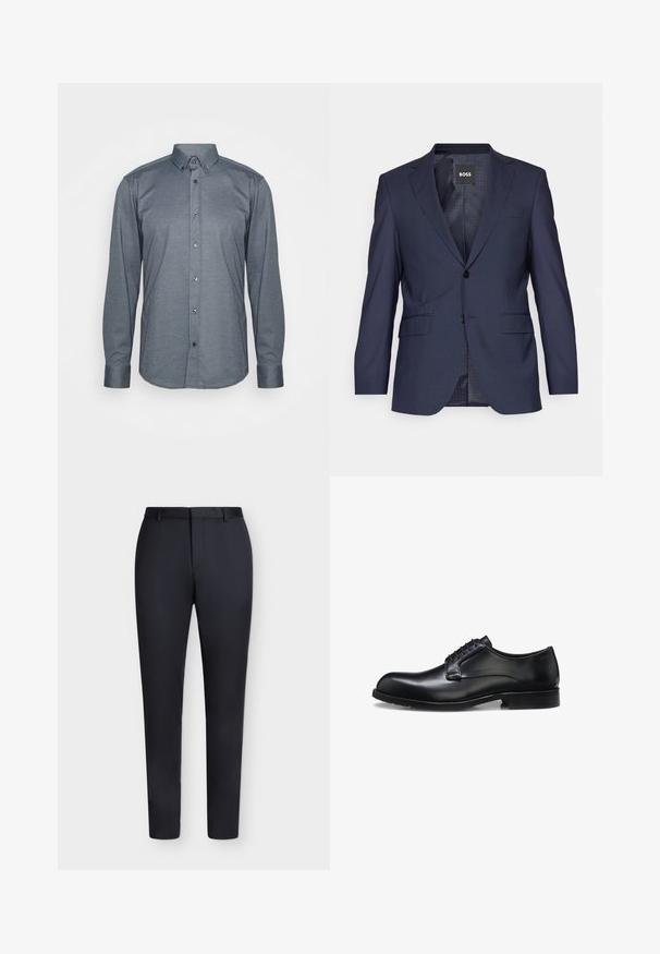 Marineblå blazer lavet af struktureret stof, med enkeltrækkende design, notch-lapel, to frontlommer og to knapper.; Langærmet skjorte i mørkegrå stof, med krave, frontknapper og manchetter. Glat tekstur med en tætsiddende pasform.; Sorte, skræddersyede slim-fit bukser med bæltestropper og skjult frontlukning, vist mod en hvid baggrund.; Sort poleret læder herresko med lukket snøresystem, lav hæl og diskret mærkedetalje nær hælen på hvid baggrund.