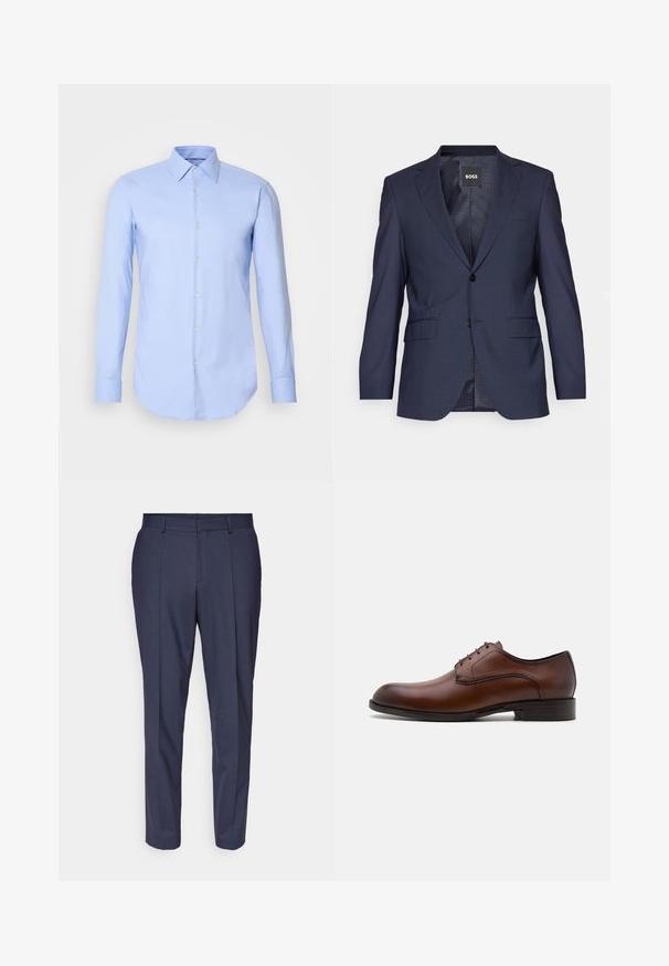 Blazer azul marino hecho de tela texturada, con un diseño de un solo botón, solapas en muesca, dos bolsillos frontales y dos botones.; Camisa de manga larga azul claro hecha de algodón, con un frente de botones, cuello y dobladillo redondeado. Textura suave sin patrones.; Pantalones de vestir azul marino con corte recto, fabricados en tejido texturizado, que presentan pliegues frontales, trabillas para cinturón y bolsillos laterales.; Zapato de vestir de cuero marrón con un diseño elegante, punta redonda, cierre de cordones de cinco ojetes y un tacón bajo apilado. Presenta costuras sutiles.