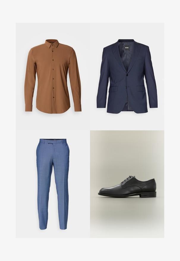 Navyblauwe blazer gemaakt van een gestructureerde stof, met een enkelvoudig ontwerp, notch lapels, twee voorzakken en twee knopen.; Langsleeve bruin shirt met een button-down kraag, een soepele textuur en bruine knopen. Kenmerkt zich door een gebogen zoom en een getailleerde pasvorm.; Lichtblauwe op maat gemaakte broeken van een gestructureerde stof. Heeft een platte voorkant, smalle pijpen en een ritssluiting met een haaksluiting.; Zwarte leren herenschoenen met veters aan de voorkant en getextureerde zijkanten, lage gestapelde hak en "BOSS" in reliëf op de zool.