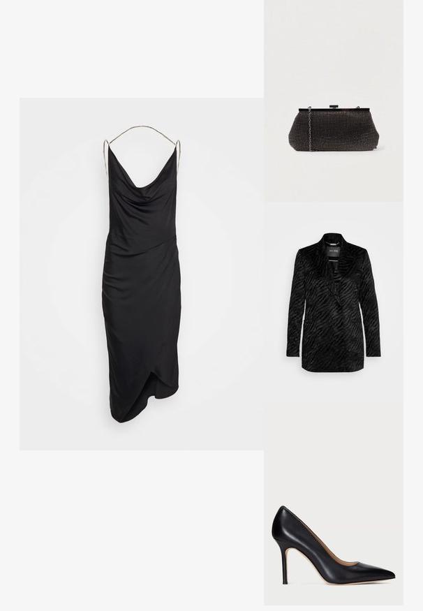 Čierny blazer z textúrovanej látky s jemným vzorom tigrej pruhy, s klopovým golierom a dvoma prednými vreckami.; Et Ochs ILA CHAIN COWL NECK MIDI DRESS - Koktailové šaty/večierkové šaty - black; Čierne kožené lodičky na vysokom opätku s ostrou špičkou a štíhlym stiletto opätkom. Hladký povrch a minimálne detaily vytvárajú klasický dizajn.; Čierna sieťová kabelka s pevným siluetou, zdobená malými kovovými cvočkami, má uzáver na klip a odnímateľný reťazový popruh.