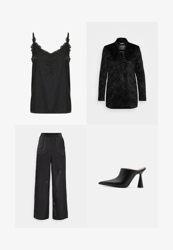 Zwarte blazer van een gestructureerde stof met een subtiel tijgerstrepenpatroon, voorzien van een kraag met punten en twee voorzakken.; Zwart cami-top met een v-hals en ingewikkelde kantdetails bij de halslijn. Voorzien van spaghettibandjes en een soepele, lichte stof.; Brede zwarte broek met een gladde, satijnen textuur. Voorzien van een elastische tailleband en twee voorzakken. Tailored plooien verbeteren het ontwerp.; Zwarte leren muiltjes met een spitse neus en een unieke kegelvormige hak. Glad oppervlak en minimalistisch ontwerp, open achterkant voor gemakkelijk aan- en uittrekken.