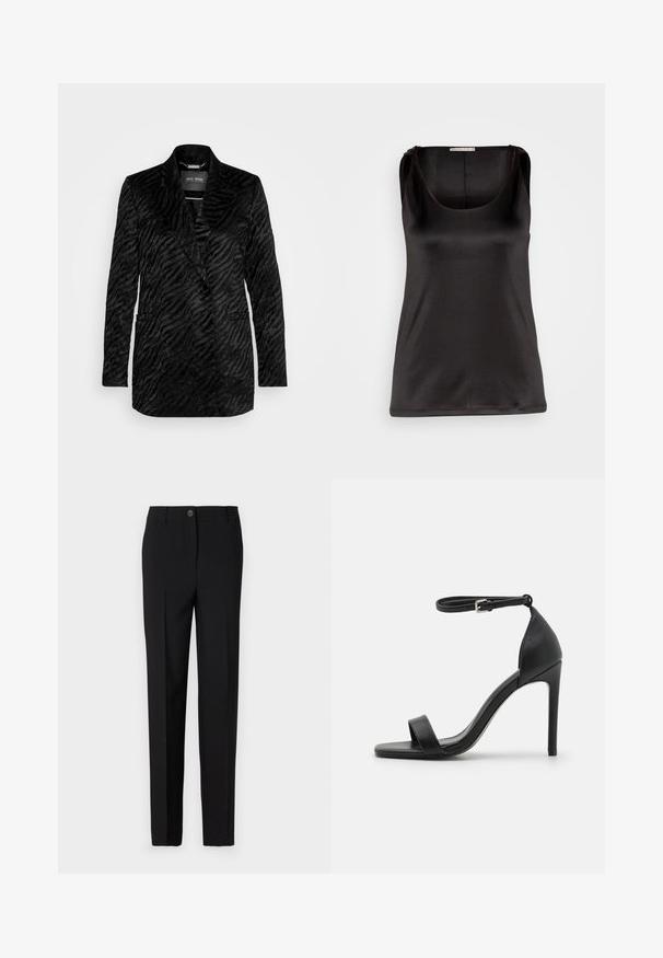 Blazer negro confeccionado en tela texturizada con un sutil patrón de rayas de tigre, con cuello de muesca y dos bolsillos frontales.; Anna Field Top - black; Pantalones negros ajustados con un diseño de pierna recta, con cierre de botón y trabillas para cinturón, fabricados con tela suave.; Sandalia de tacón alto negra con un diseño elegante, que cuenta con una correa en el tobillo, punta abierta y una textura de cuero suave.
