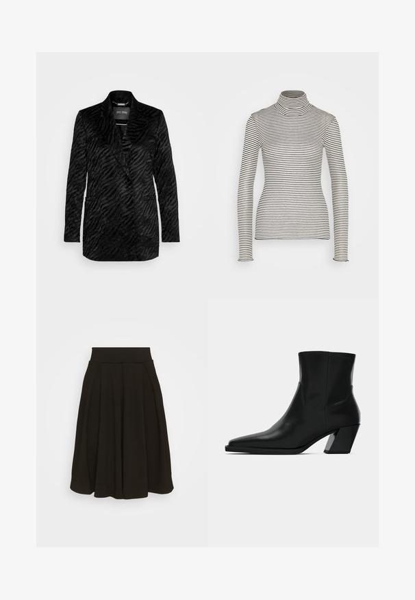 Zwarte blazer van een gestructureerde stof met een subtiel tijgerstrepenpatroon, voorzien van een kraag met punten en twee voorzakken.; Anna Field Longsleeve - beige/black; Zwarte geplooide rok met een brede, elastische tailleband. Gemaakt van een zacht materiaal, met een knielange zoom en een gladde textuur.; Zwarte leren enkelboot met een spitse neus, een slanke silhoeet en een chunky vierkante hak. Gladde textuur met minimale stikdetails.