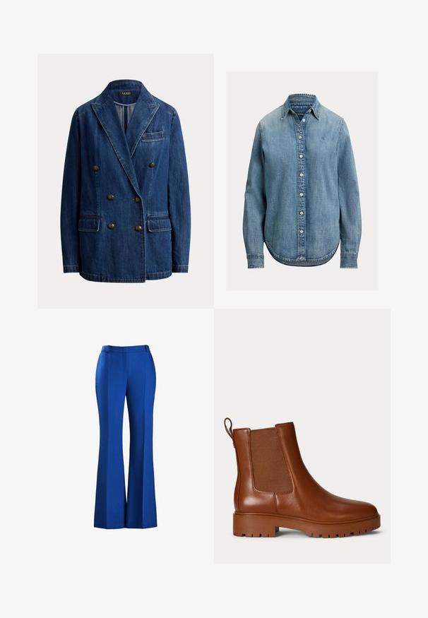 Dobbeltradet blå denim blazer med hakrevers, to forlommelommer, en brystlomme og seks metal knapper.; Lyseblå denimskjorte med lange ærmer, knaplukning foran og klassisk krave. Har en buet kant og subtil tekstur.; Bredde blå bukser lavet af struktureret stof, med en tætsiddende talje og forhånds folder, der er velegnede til formelt eller afslappet brug.; Brun læder Chelsea-støvle med elastisk sidepanel, trækstrop ved hælen og kraftig udvendig sål.