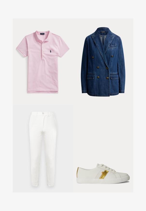 Dobbeltradet blå denim blazer med hakrevers, to forlommelommer, en brystlomme og seks metal knapper.; Lyserød kortærmet polo med krave, fire knapper og et lille mørkeblåt broderet logo på venstre bryst.; Hvide bomuldssbukser med slank pasform, der har en enkel knaplukning, fladt front og afsmalnende ben. Stoffet fremstår glat med minimal tekstur.; Lavskoet hvid sneaker med hvide snørebånd, en guldbelagt stribe på siden og en struktureret hvid gummisål.