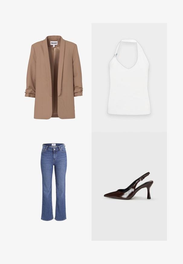 Hellbrauner Damenblazer mit gerafften Dreiviertelärmeln und offenem Vorderteil, mit dem Label "PIECES".; Weißes Halftertop mit tiefem V-Ausschnitt, einem einzigartigen Schulterdesign mit goldenen und blauen Hardware-Akzenten sowie einer glatten, weichen Textur.; Dunkelblaue Denim-Jeans mit hoher Taille, weitem Bein und einem traditionellen Fünf-Taschen-Design. Merkmale sind sichtbare Nähte und ein vorderer Knopfverschluss.; Braune lackleder Slingback-Absätze mit spitzem Zehen, einem dünnen Absatz und einem verstellbaren Riemen mit einer kleinen Schnalle.