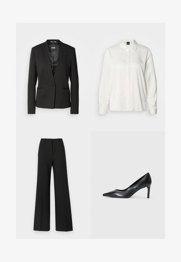 Blazer negro con cuello de muesca, cierre de un botón y dos bolsillos frontales. Fabricado en una tela suave con un forro de acabado satinado.; Camisa blanca de manga larga confeccionada en tela lisa, con cuello clásico, cierre frontal de botones y puños abotonados, con un corte relajado.; Pantalones de pierna ancha negros con un diseño a medida, que presentan una textura suave y sutiles plisados en la parte frontal. Sin herrajes ni patrones visibles.; Zapato de tacón negro de cuero con punta afilada y un tacón delgado, textura suave y sin adornos visibles. Diseño limpio con una estética minimalista.