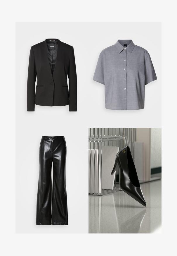 Sort blazer med en notch-krave, enkelt knaplukning og to forlommer. Fremstillet af glat stof med satinforing.; Grå kortærmet skjorte lavet af letvægtsstof, med krave, knaplukning foran, en enkelt brystlomme og en afslappet pasform.; Sorte læder bukser med bred ben, glat tekstur, høj talje og skjult lynlås foran. Skræddersyet pasform med en ren finish.; Sort højhælet sko med spids tå og guldlogo, placeret på en reflekterende overflade nær en krom trådfilholder med dokumenter.
