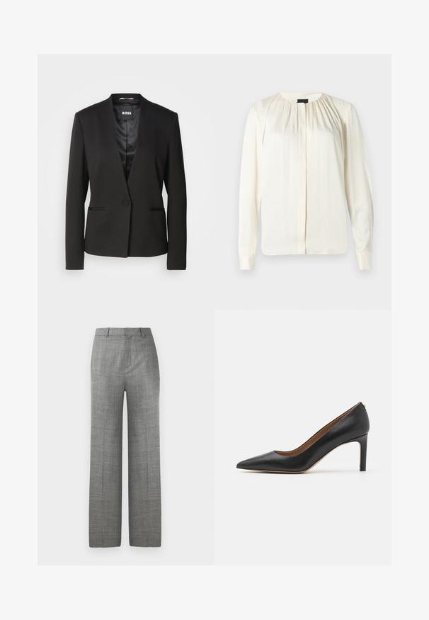 Blazer noir avec un col à cran, fermeture à un bouton et deux poches avant. Fabriqué en tissu lisse avec une doublure satinée.; Blouse à manches longues en soie écrue. Dotée d'un col rond, de douces plis aux épaules et de poignets boutonnés. Texture lisse et design minimaliste.; Pantalons larges gris sur mesure avec passants de ceinture et pression à l'avant sur fond blanc, adaptés pour une tenue formelle ou professionnelle.; Chaussure à talon haut en cuir noir avec un bout pointu, une silhouette épurée et un talon fin. Présente une texture lisse et des accents matériels minimaux.