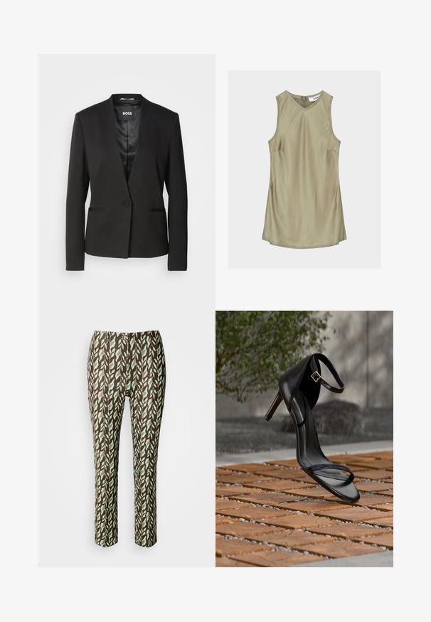 Sort blazer med en notch-krave, enkelt knaplukning og to forlommer. Fremstillet af glat stof med satinforing.; Ærmeløs olivengrøn V-hals kjole med synlige syninger og lynlåslukning bag på nakken, label indeni med teksten "DAY."; Brune og grønne mønstrede bukser med bladdesign, slim fit, med en glat tekstur og ingen synlige lukninger eller lommer.; Sort højhælet sandal med ankelsnor, der ser ud til at svæve over et trægulv udendørs med sløret grønt og sten i baggrunden.