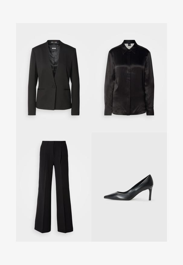 Schwarzer Blazer mit Reverskragen, einem Knopfverschluss und zwei Fronttaschen. Hergestellt aus glattem Stoff mit satinierter Innenseite.; Schwarze Satin-Hemd mit langen Ärmeln, spitzem Kragen, vorderem Knopfverschluss und Manschetten. Glatte Textur und minimalistisches Design.; Schwarze Hose aus glattem Stoff, mit hohem Bund, weitem Schnitt und zwei vorderen Falten für zusätzlichen Designakzent.; Schwarze Leder-Pumps mit spitzem Zehenbereich und schmalem Absatz, glatter Textur und ohne sichtbare Verzierungen. Sauberes Design mit minimalistischem Ästhetik.