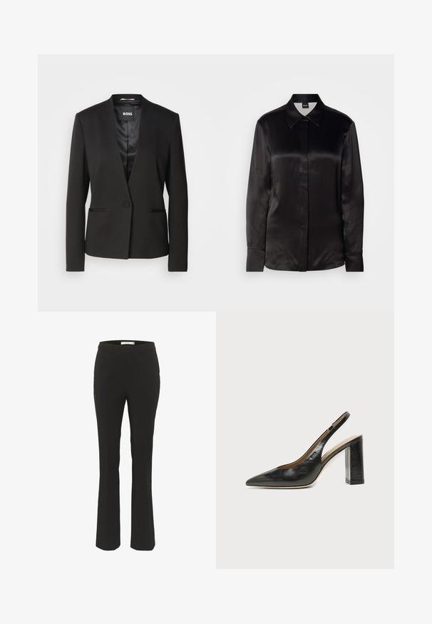 Sort blazer med en notch-krave, enkelt knaplukning og to forlommer. Fremstillet af glat stof med satinforing.; Sort satin langærmet skjorte med spidse krave, lukning foran med knapper og manchetter. Glat tekstur og minimalistisk design.; Sorte skræddersyede bukser med slim fit, flagrende bund, glat front og ingen synlige lommer. Fremstillet af glat stof med minimale sømme.; Sort læder peep-toe slingback sko med høj blokhæl og beige indvendig foring mod en ensfarvet lys baggrund.