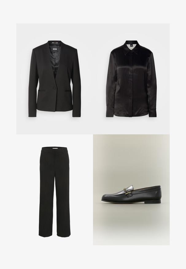 Zwarte blazer met een notch-kraag, sluiting met één knop en twee voorzakken. Gemaakt van een gladde stof met een satijnen afwerking aan de binnenzijde.; Zwarte satin lange mouwen blouse met een puntige kraag, knoopsluiting aan de voorkant en manchetten. Glad textuur en minimalistisch ontwerp.; Zwarte pantalon met streepdessin en een rechte tailleband met riemlussen, gemaakt van geweven stof, met verticale strepen in een contrasterende kleur.; Zwarte leren loafer met zilveren bovenkant, gouden kettingdetail, lage hak en afgeronde neus op een neutrale achtergrond.