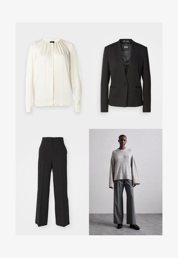 Blazer noir avec un col à cran, fermeture à un bouton et deux poches avant. Fabriqué en tissu lisse avec une doublure satinée.; Blouse à manches longues en soie écrue. Dotée d'un col rond, de douces plis aux épaules et de poignets boutonnés. Texture lisse et design minimaliste.; Pantalon gris foncé au design tailleur à jambes larges. Dispose d'un tissu texturé, de passants de ceinture et d'une taille mi-haute. Ourlet propre et droit.; Pull en maille gris avec des manches larges et un ourlet côtelé, assorti à un pantalon gris taille haute avec un motif à carreaux discret et des mocassins noirs.