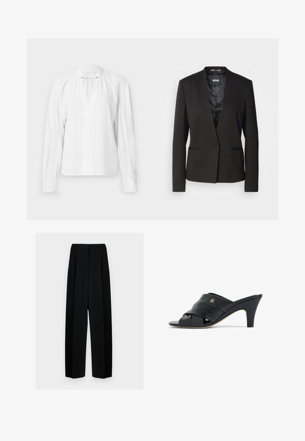 Zwarte blazer met een notch-kraag, sluiting met één knop en twee voorzakken. Gemaakt van een gladde stof met een satijnen afwerking aan de binnenzijde.; Witte blouse met lange mouwen en een V-hals, met geplooide details bij de halslijn en een gladde, lichte stof. Eenvoudig en minimalistisch ontwerp.; Zwarte wijde broek met een hoge taille, met plooien en een gladde textuur. De stof lijkt lichtgewicht en valt elegant.; Zwarte leren open-teen muilschoen met hak, kruiselings banden en een klein metalen logo aan de zijkant, middelhoge taps toelopende hak, beige rand aan de zool.