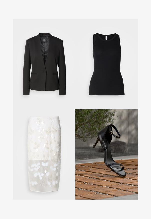 Blazer negro con cuello de muesca, cierre de un botón y dos bolsillos frontales. Fabricado en una tela suave con un forro de acabado satinado.; Top sin mangas negro hecho de tela acanalada, con un escote redondo y un diseño ajustado, con una textura suave y sin patrones.; Falda hasta la rodilla en crema con un patrón de lentejuelas florales. Capa superior semitransparente, forrada por debajo. Textura suave con varios adornos blancos.; Sandalia negra de tacón alto con correa en el tobillo, parece suspendida sobre un suelo de baldosas de madera al aire libre, con un fondo difuminado de vegetación y piedra.