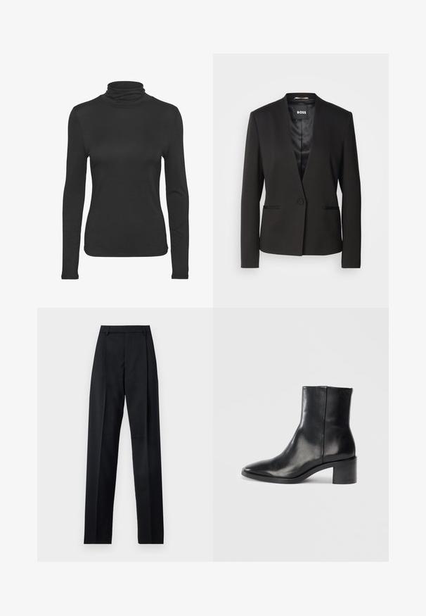 Zwarte blazer met een notch-kraag, sluiting met één knop en twee voorzakken. Gemaakt van een gladde stof met een satijnen afwerking aan de binnenzijde.; Zwarte lange mouw turtleneck shirt gemaakt van glad, rekbaar materiaal. Heeft een aansluitend ontwerp en een klassieke hoge kraag.; Zwarte broek gemaakt van gladde stof met een hoge taille, wijde benen, voorplooien en klassieke ceintuurlussen. Geen zijzakken zichtbaar.; Zwarte leren enkellaars met een puntige neus, lage blokhak en subtiele reliëflogo. Gladde textuur met een strak ontwerp en minimale stiksels.
