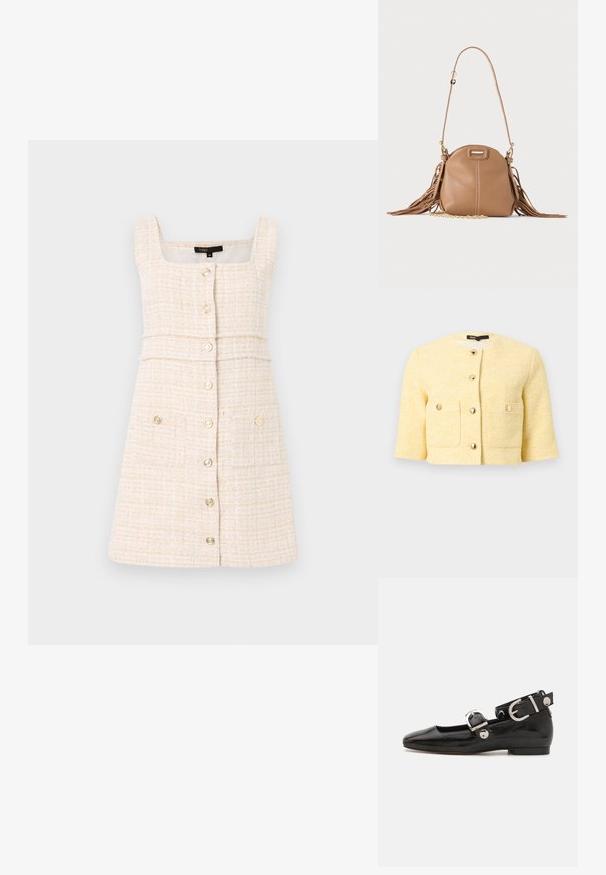 Veste courte jaune texturée à encolure ronde, manches trois-quarts, deux poches frontales et fermetures par boutons dorés.; Robe couleur crème en tissu texturé. Présente un décolleté carré, une fermeture à boutons à l'avant et deux poches avant avec des boutons décoratifs.; Ballerine en cuir verni noir avec un bout carré, sangle de cheville avec des détails en métal argenté et semelle plate. Texture lisse avec un design minimaliste.; Petit sac à bandoulière en cuir fauve avec longue bandoulière, détail chaîne dorée et franges des deux côtés sur un fond neutre.