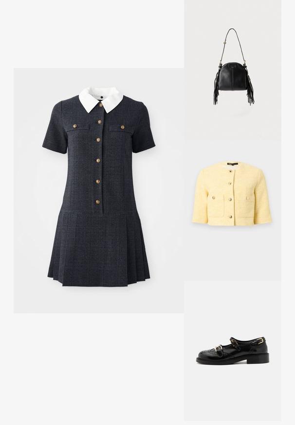 Veste courte jaune texturée à encolure ronde, manches trois-quarts, deux poches frontales et fermetures par boutons dorés.; Robe à carreaux marine avec des manches courtes, un col blanc et cinq boutons dorés. La jupe plissée ajoute de la texture et du contraste.; Chaussures en cuir noir avec détails de brogue, dotées de deux sangles à boucle, d'un bout arrondi et d'un talon bas. Texture lisse avec finition brillante.; Sac à main en cuir noir avec une forme courbée, une longue bandoulière réglable et des franges de chaque côté sur un fond clair.