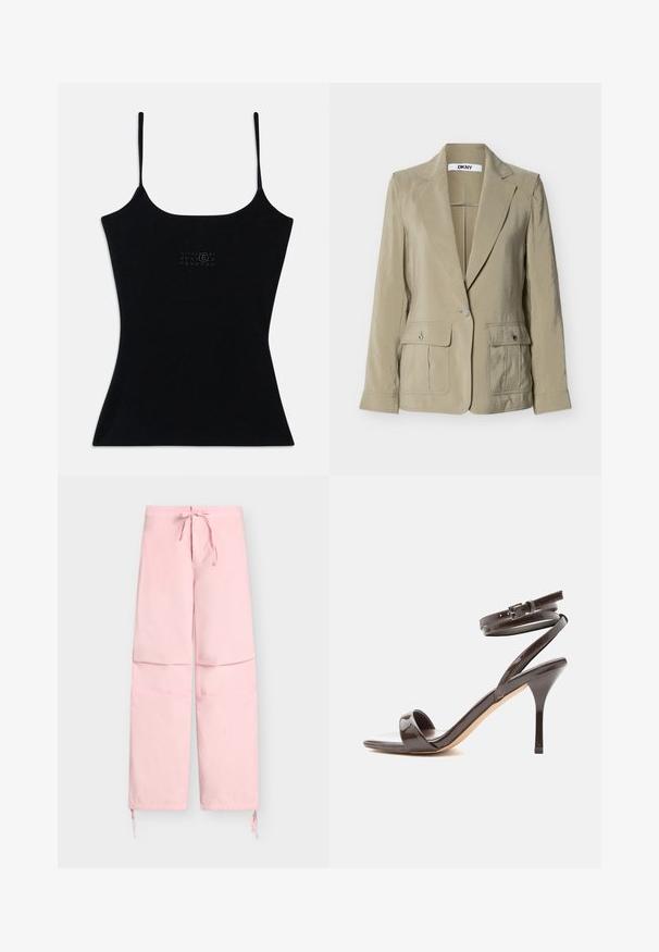 Beige enkelt-knaps blazer med hakkede revers, to forlommer med knapper og DKNY-mærke inde i kraven.; Sort tætsiddende tanktop med tynde stropper, lavet af ribbet stof. Har et subtilt logo-design på forsiden. Glat tekstur og strømlinet silhuet.; Lyserøde bukser med vide ben, justerbar snor i taljen og bindebånd ved anklerne, designet til afslappet brug.; Mørkebrune laklædersandal med høj hæl, tynd ankelrem og åben tå på hvid baggrund.