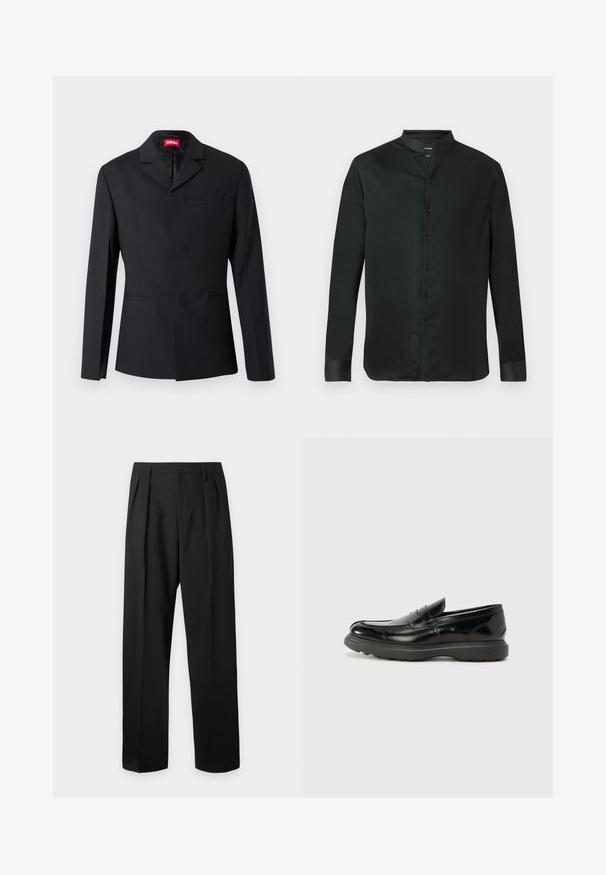 Sort skræddersyet blazer med hakkede revers, enkeltspændt front, skrålommer og rød 032c-label indeni kraven.; Sort langærmet skjorte med kinesisk krave, lavet af glat stof, med knaplukning foran og kontrasterende manchetter.; Sorte skræddersyede bukser med høj talje, bæltestropper, frontfolder, knaplukning og lige vide ben på en lys baggrund.; Sort læderloafer med en blank finish, rund tå, subtile syninger og en tyk gummisål for holdbarhed.