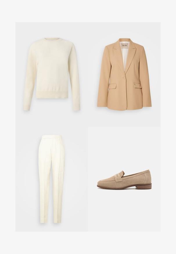 Beige blazer med en struktureret design, enkelt knaplukning, to forlommer og en glat finish. Fóret inderside giver ekstra komfort.; Lys cremefarvet sweater med lange ærmer, rund halsudskæring og ribbenet kant. Lavet af et blødt materiale med en glat tekstur.; Filippa K JULIE TROUSERS - Bukser - dusty beige; Beige ruskind loafers med en rund tå, bånddetaljer og en lav, stablet træhæl. Glat tekstur med en mat finish.