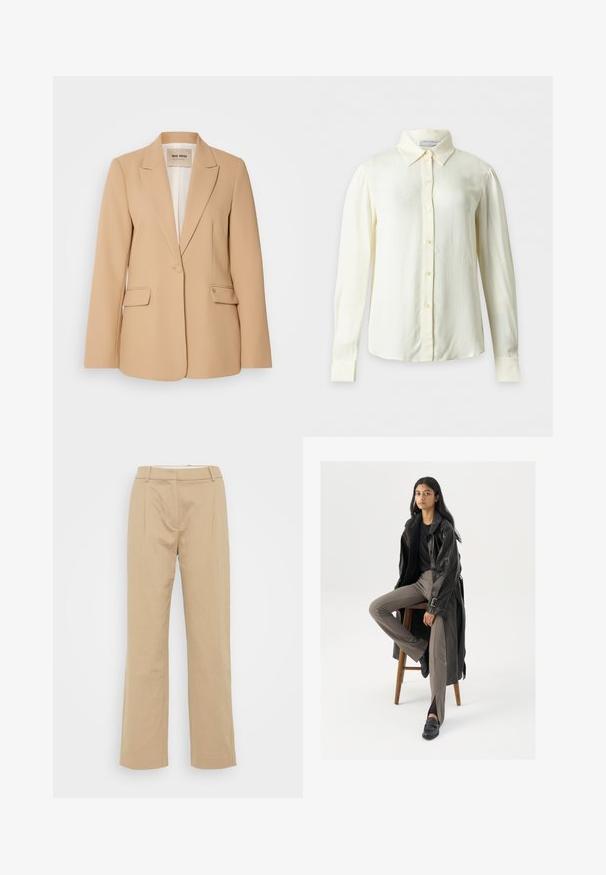 Beige blazer met een gestructureerd ontwerp, sluiting met één knop, twee voorzakken en een gladde afwerking. Gevoerde binnenkant biedt extra comfort.; Crèmekleurige blouse met lange mouwen, puntkraag en knopen aan de voorkant, weergegeven op een effen achtergrond zonder patronen of extra voorwerpen.; Beige wijde broek van een gestructureerde stof, met een middelhoge taille, voorplooien en een gestroomlijnd ontwerp.; Zwarte leren trenchcoat met knopen en riemdetails, gecombineerd met lichtbruine getailleerde broek en zwarte loafers, zittend op een houten kruk.
