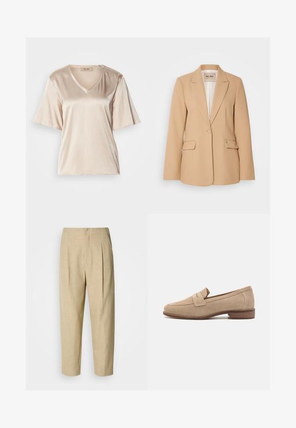 Blazer beige avec une conception structurée, fermeture à un bouton, deux poches avant et une finition lisse. Doublure intérieure offrant un confort supplémentaire.; T-shirt en satin beige avec un col en V, des manches courtes évasées et une texture lisse. Le design est simple, sans motifs ni embellissements.; Pantalons en lin beige avec une coupe décontractée, présentant des plis à l'avant, une taille, et des jambes fuselées se terminant juste au-dessus de la cheville.; Mocassins en suédine beige avec un bout arrondi, des détails en bande et un petit talon en bois empilé. Texture lisse avec une finition mate.