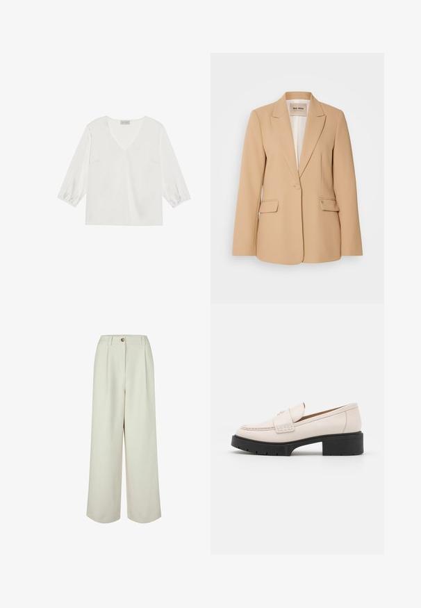 Blazer beige avec une conception structurée, fermeture à un bouton, deux poches avant et une finition lisse. Doublure intérieure offrant un confort supplémentaire.; Blouse blanche à manches longues avec un décolleté en V profond, en matériau doux semblable à de la satin, et des poignets de manches froncés pour un look décontracté.; Pantalon crème taille haute à jambes larges avec passants de ceinture, fermeture par bouton et plis à l'avant, conçu pour une coupe décontractée.; Mocassins en cuir beige clair avec un devant cousu et un talon platform texturé noir. Présente un design incurvé et une légère élévation.