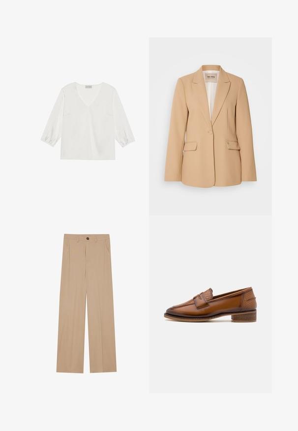 Blazer beige con un diseño estructurado, cierre de un solo botón, dos bolsillos frontales y un acabado suave. El interior forrado ofrece comodidad adicional.; Blusa blanca de manga larga con un profundo escote en V, material suave similar al satén y puños de manga fruncidos para un ajuste relajado.; Pantalones de pierna ancha color beige con una textura suave, que presentan dos bolsillos laterales, un cierre con botón en la parte delantera y pliegues sutiles para un detalle adicional.; Mocasines de cuero marrón con un panel frontal tejido texturizado, punta redonda y tacón bajo apilado. Acabado suave con un detalle de costura sutil.