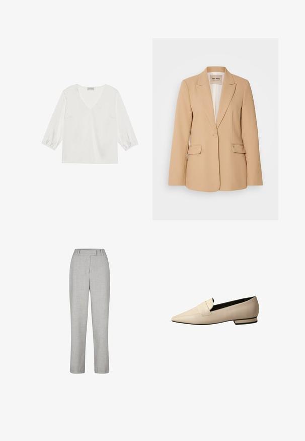 Beige blazer met een gestructureerd ontwerp, sluiting met één knop, twee voorzakken en een gladde afwerking. Gevoerde binnenkant biedt extra comfort.; Witte blouse met lange mouwen, een diepe V-hals, zacht satijnachtig materiaal en gathered manchetten voor een relaxed fit.; Lichtgrijze op maat gemaakte broeken van een gestructureerde stof, met een platte voorkant, riemlussen en een recht pasvorm met een gemiddelde taillehoogte.; Beige leren loafers met een spitse neus, voorzien van een brede band over de wreef en een lage gestapelde hak met een zwarte accent.
