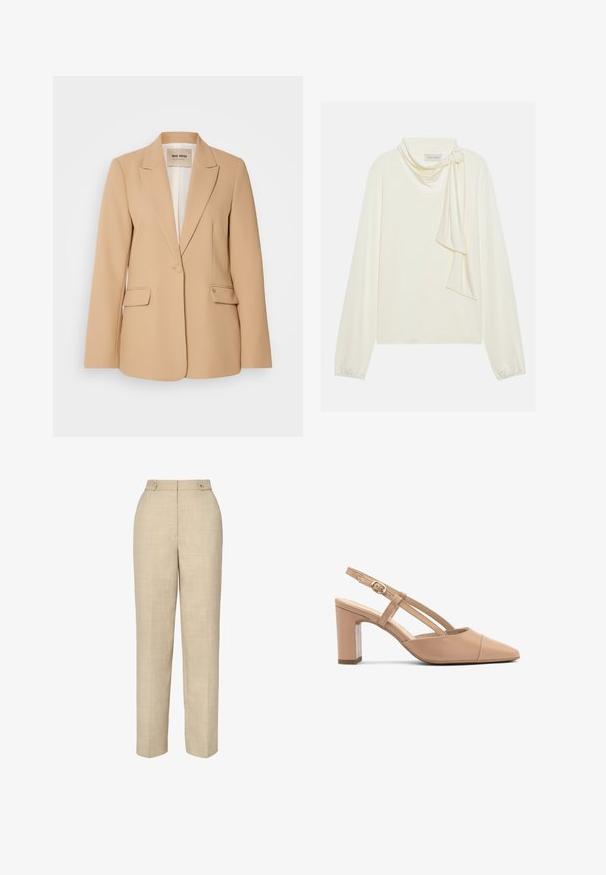Blazer beige con un diseño estructurado, cierre de un solo botón, dos bolsillos frontales y un acabado suave. El interior forrado ofrece comodidad adicional.; Blusa de color crema de manga larga con escote en V y un detalle de bufanda anudada en el cuello. Textura suave con mangas fruncidas.; Pantalones beiges ajustados con una tela suave y texturizada, cintura alta y dos botones frontales. Presentan un corte recto y costuras mínimas.; Tacones de slingback de cuero beige con punta afilada, tacón cuadrado y correa con un pequeño hebilla dorada. Textura suave, diseño minimalista.