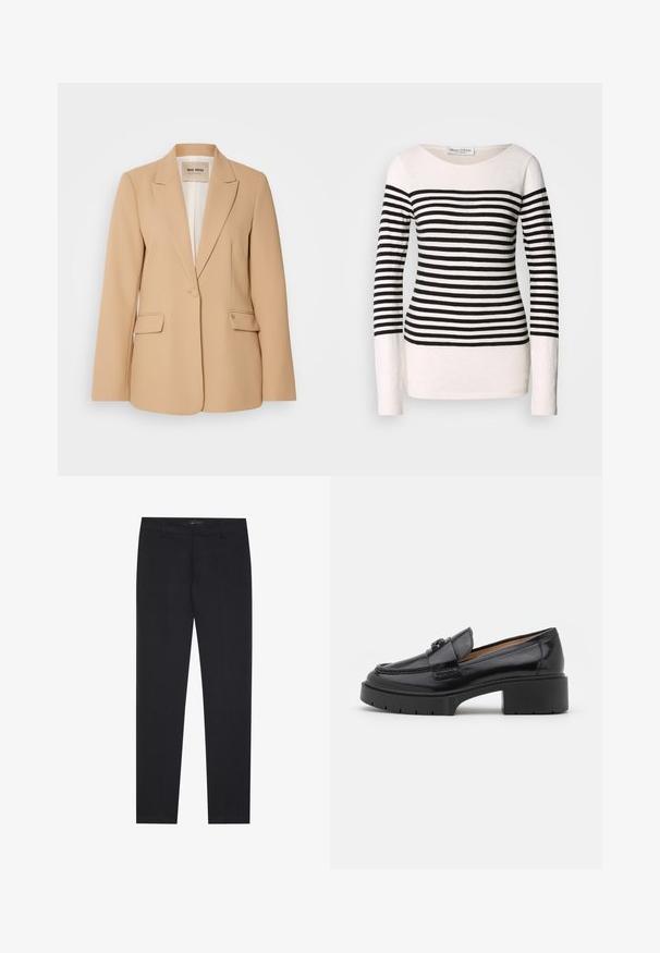 Beiger Blazer mit strukturiertem Design, einreihiger Knopfverschluss, zwei Vordertaschen und glatter Oberfläche. Futter im Inneren sorgt für zusätzlichen Komfort.; Langärmliges gestreiftes Oberteil mit schwarzen und weißen horizontalen Streifen, Bootsausschnitt-Design und taillierter Silhouette. Material aus Baumwollmischung.; Schwarze, schmal geschnittene Anzughosen mit Gürtelschlaufen und Fronttaschen, designet für einen maßgeschneiderten, professionellen Look.; Schwarze Lederloafer mit niedrigem Blockabsatz, runder Zehenform, dekorativem Riemen und strukturiertem Steppdetail im Obermaterial. Glatte Oberfläche.