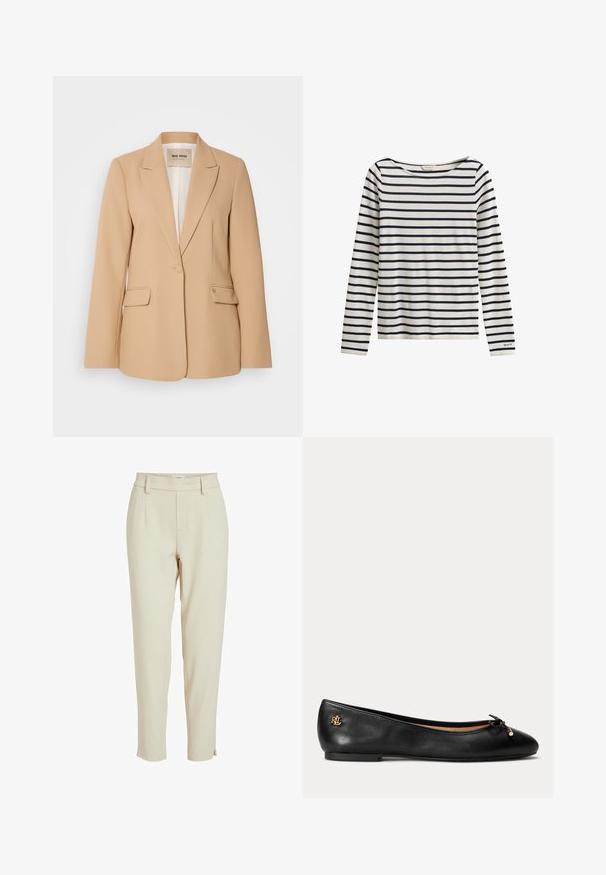 Beige blazer med en struktureret design, enkelt knaplukning, to forlommer og en glat finish. Fóret inderside giver ekstra komfort.; Hvid skjorte med lange ærmer, navyblå vandrette striber og et lille "GANT"-logo på venstre ærmekant.; Beige skræddersyede bukser med elastisk talje, sidelommer og en nederdel med en tætsiddende kant. Glat, letvægtsstof.; Sort læder balletflad sko med lille sløjfe og gyldent logodetalje ved hælen, flad sål og rundet tå.