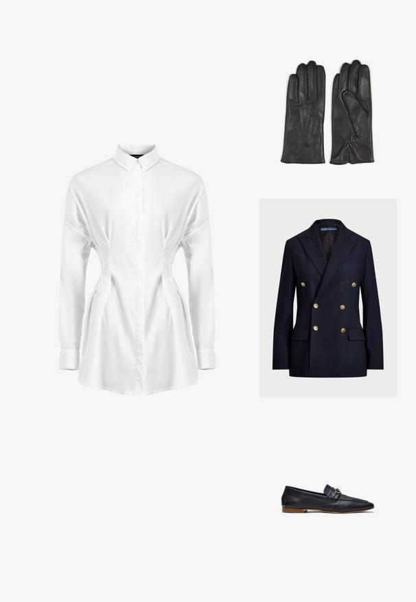 Blazer bleu marine croisé fabriqué dans un tissu à texture lisse. Présente des boutons dorés et deux poches avant. Design ajusté avec revers.; Chemise blanche à manches longues en tissu lisse, avec une fermeture à boutons à l'avant, un col pointu et des détails froncés sur les côtés pour un effet épuré.; Mocassin en cuir bleu marine au design élégant, avec un bout pointu, des coutures minimales et un accent décoratif en or sur la bande en cuir. Talon en bois plat.; Gants en cuir noir au design classique, avec trois coutures horizontales à l'arrière et un ajustement serré au niveau du poignet.