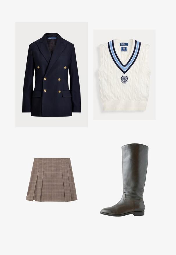 Blazer bleu marine croisé fabriqué dans un tissu à texture lisse. Présente des boutons dorés et deux poches avant. Design ajusté avec revers.; Gilet sans manches en maille torsadée blanche avec col en V rayé bleu et logo Polo Ralph Lauren Wimbledon sur la poitrine.; Jupe mini plissée à carreaux marron avec des fentes latérales et une taille haute, présentant un motif à carreaux subtil.; Botte en cuir marron montant, avec une texture lisse, un bout arrondi et peu de détails de couture. Semelle plate avec un petit talon.