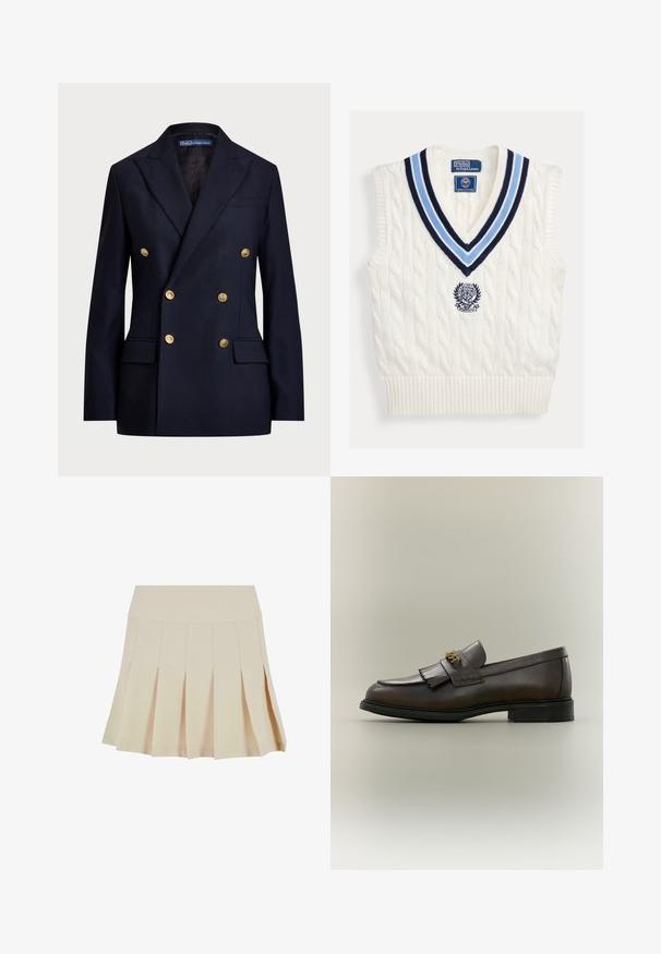 Dubbelbreasted marineblauwe blazer gemaakt van stof met een gladde textuur. Bevat gouden knopen en twee voorzakken. Gemaakt met een op maat gesneden ontwerp met revers.; Wit kabelgebreid mouwloos trui-vest met blauw gestreepte V-hals en Polo Ralph Lauren Wimbledon-logo op de borst.; Beige geplisseerde rok met een aangesloten tailleband, gemaakt van een gladde stof. Kenmerkt zich door meerdere verticale plooien en een rechte zoom.; Donkerbruine leren loafer met franjes en gouden gesp op zwarte zool, gezien van opzij tegen een neutrale achtergrond.