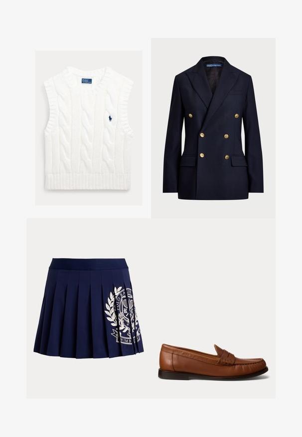 Dobbeltbrystet marineblå blazer lavet af stof med en glat tekstur. Har guldknapper og to frontlommer. Skræddersyet design med slag.; Hvid ærmeløs kabelstrikket sweater med ribbet kant. Har en lille, broderet blå logo på brystet. Tekstureret, blødt stof.; Marineblå plisseret nederdel med bred linning og hvid tennisinspireret logo på nederste højre side.; Brun læderloafer med lav sort hæl, mok-tå-syning og en dekorativ rem over toppen, vist mod en hvid baggrund.