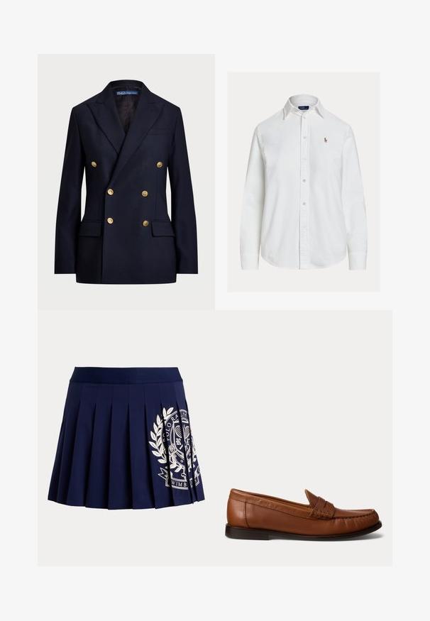 Dobbeltbrystet marineblå blazer lavet af stof med en glat tekstur. Har guldknapper og to frontlommer. Skræddersyet design med slag.; Hvid langærmet skjorte med knapper og krave samt lille broderet logo på venstre bryst, vist på ensfarvet baggrund.; Marineblå plisseret nederdel med bred linning og hvid tennisinspireret logo på nederste højre side.; Brun læderloafer med lav sort hæl, mok-tå-syning og en dekorativ rem over toppen, vist mod en hvid baggrund.