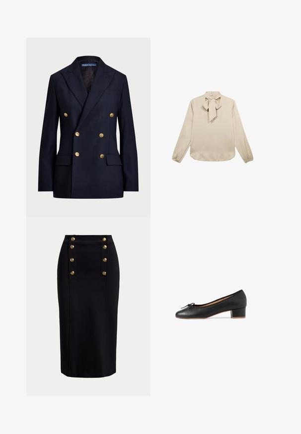 Blazer navy de doble botonadura hecho de una tela con textura suave. Cuenta con botones dorados y dos bolsillos frontales. Diseño entallado con solapas.; Blusa de manga larga color beige con un detalle de lazo en el escote, textura suave y puños fruncidos, con un dobladillo redondeado.; Falda lápiz negra de talle alto con botones dorados verticales dispuestos en dos filas cerca de la cinturilla frontal.; Bailarina de piel negra con punta redondeada, pequeño tacón cuadrado y ribete de tela. Presenta un lazo decorativo en la zona de los dedos.