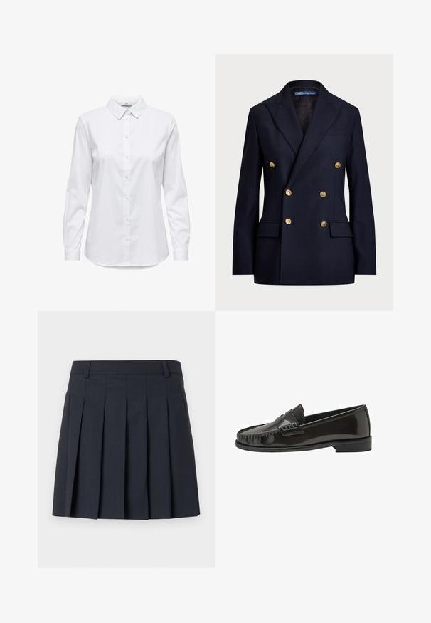 Blazer bleu marine croisé fabriqué dans un tissu à texture lisse. Présente des boutons dorés et deux poches avant. Design ajusté avec revers.; Chemise blanche à manches longues, dotée d'un col structuré et d'un ourlet arrondi. Fabriquée à partir d'un tissu lisse et uni, sans motifs ni accents visibles.; Jupe plissée bleu foncé avec une ceinture plate, fabriquée en tissu lisse. Elle présente plusieurs plis verticaux et une coupe ajustée.; Mocassin homme noir en cuir verni, sans lacets, avec bout mocassin cousu et talon bas empilé, présenté de profil sur fond blanc.