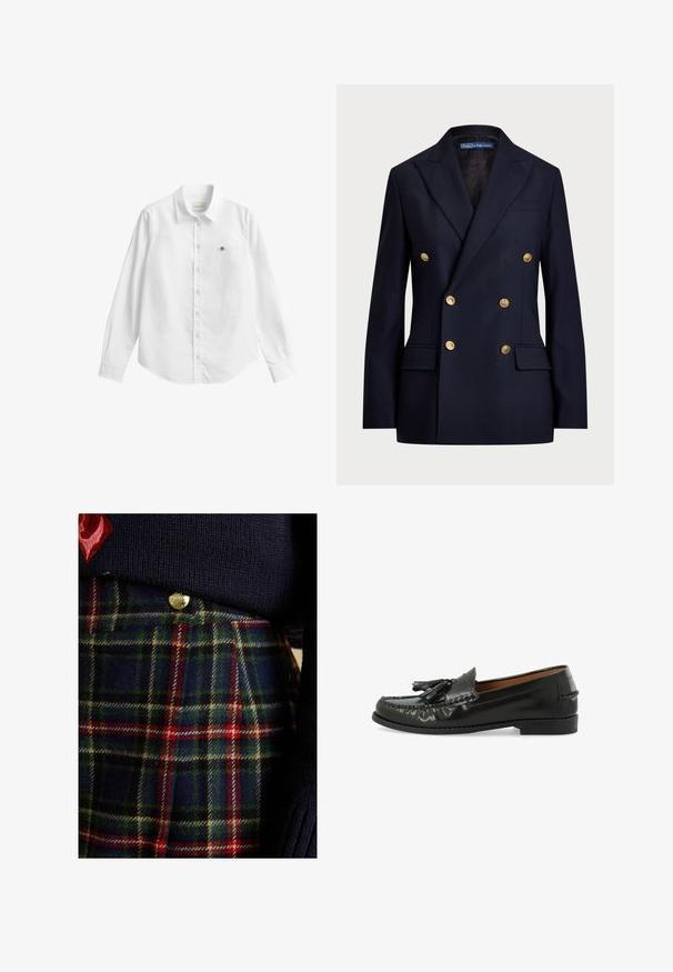 Blazer bleu marine croisé fabriqué dans un tissu à texture lisse. Présente des boutons dorés et deux poches avant. Design ajusté avec revers.; Chemise blanche à manches longues avec boutons, fabriquée dans un tissu légèrement texturé. Dotée d'une poche avant avec un petit logo brodé et d'un col classique.; Pull en maille bleu marine porté par-dessus une jupe à carreaux aux tons verts, rouges et jaunes, avec des boutons dorés et un tissu en laine texturé.; Mocassin en cuir noir à glands avec bout moc cousu et petit talon, présenté en vue latérale sur fond blanc.