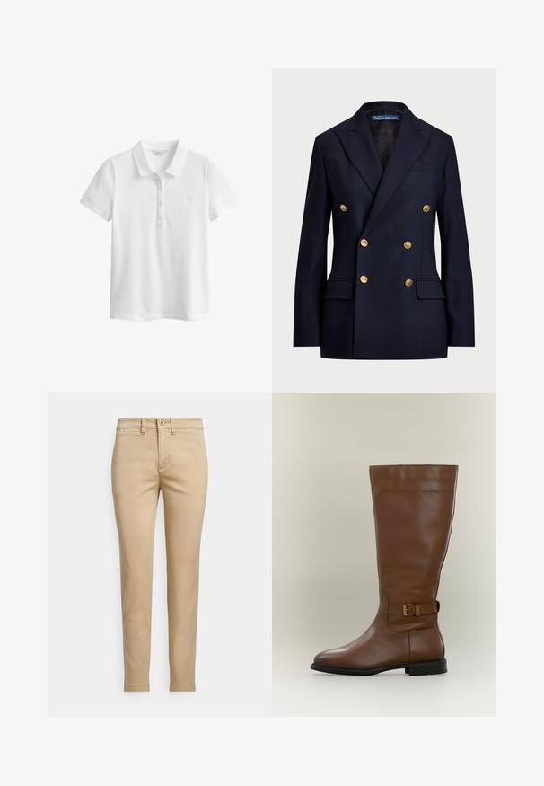 Blazer bleu marine croisé fabriqué dans un tissu à texture lisse. Présente des boutons dorés et deux poches avant. Design ajusté avec revers.; Polo blanc à manches courtes avec trois boutons et un petit logo brodé sur le côté gauche de la poitrine.; Chinos en coton beige avec une coupe droite, dotés d'une fermeture à bouton, de poches avant et de détails cousus le long des coutures.; Botte haute en cuir marron avec une bride à boucle latérale et une semelle basse noire, photographiée sur un fond neutre.