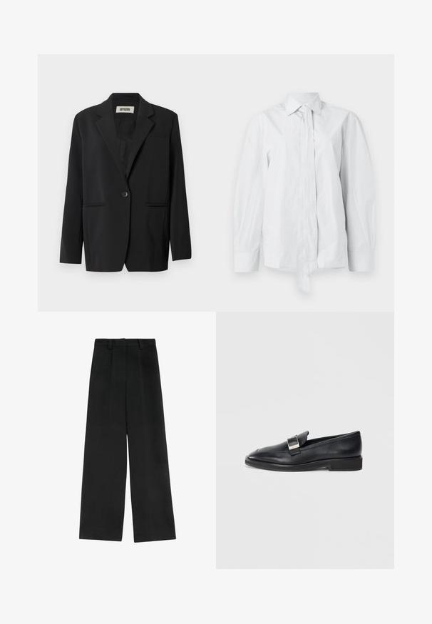 Sort blazer med enkelt knaplukning, to forlommer med klapper, revers med hak og glat stofstruktur.; Hvid, langærmet skjorte med klassisk krave og forlænget frontsløjfe. Fremstillet af glat stof, med en afslappet pasform og uden mønstre.; Sorte brede bukser med høj talje, der har to frontfald, bæltestropper og en glat tekstur. Ingen lommer eller synligt metal.; Sorte læder loafers med en sølv rektangulær spænde på toppen og en lav hæl på en hvid baggrund.