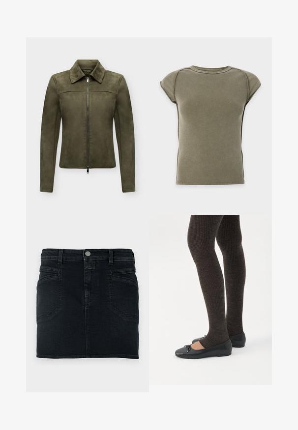 Veste en daim vert olive avec fermeture éclair complète à l'avant, manches longues et col plié, présentée sur un fond clair uni.; Haut côtelé vert olive à manches courtes avec col rond et épaules légèrement structurées sur un fond clair uni.; Mini-jupe en denim foncé avec une coupe ajustée, un design à cinq poches et une fermeture avant à boutons. Présente des détails de couture subtils et une texture lisse.; Jambes portant des leggings côtelés foncés associés à des ballerines noires avec de petits détails en nœud sur fond blanc.