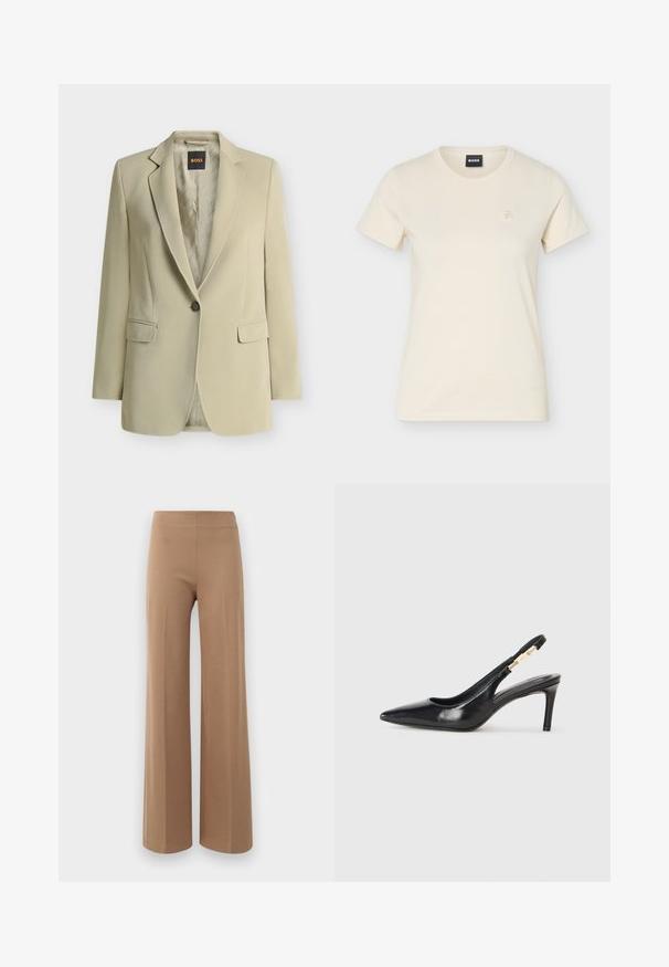 Beige enkeltknappet blazer med hak-lapels, klaplommer og mærket foringstag synligt inde i kraven.; Kremfarvet T-shirt med korte ærmer og rund halsudskæring, med lille broderet logo på venstre bryst og sort "BOSS" mærke indeni kraven.; Løse bukser i lys brun, strækbart stof med en glat tekstur og et højt, elastisk taljebånd. Ingen synlige lukninger eller lommer.; Sort læder slingback højhælede sko med spidse tæer, glat overflade og en smal ankelrem med guldfarvede hardware detaljer.