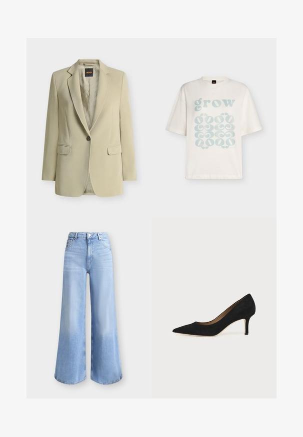 Blazer beige à un bouton, avec revers crantés, poches à rabat et étiquette de doublure de marque visible à l'intérieur du col.; T-shirt blanc à manches courtes avec texte bleu clair « grow » et motifs décoratifs abstraits en bas sur le devant.; Jean denim bleu clair à coupe large, taille haute, bouton à l'avant, fermeture éclair et design cinq poches.; Escarpin en daim noir à bout pointu avec un talon stiletto fin de hauteur moyenne et un design à coupe basse sur un fond uni.