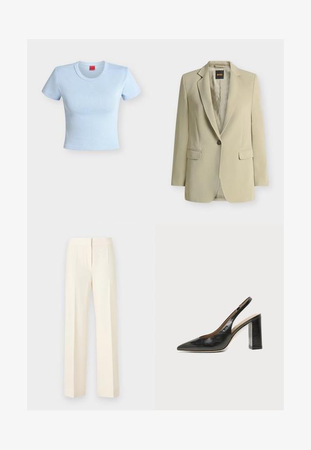 Blazer beige à un bouton, avec revers crantés, poches à rabat et étiquette de doublure de marque visible à l'intérieur du col.; Crop top femme ajusté bleu clair à manches courtes, col rond et logo "HUGO" embossé sur la poitrine.; Pantalon droit sur mesure couleur blanc cassé avec pli avant, ceinture et fermeture avant dissimulée sur un fond uni.; Chaussure slingback en cuir noir à bout pointu avec un talon bloc haut et une doublure intérieure beige sur un fond clair uni.